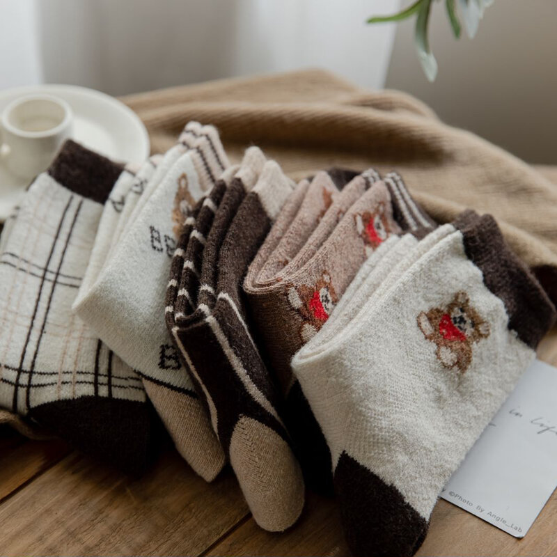 Cute Socks Bear Print Winter Wool Kawaii Warm Socken Funny Rabbit Fur Soft Girl Sox French Femme Happy Cartoon Calcetines Brown