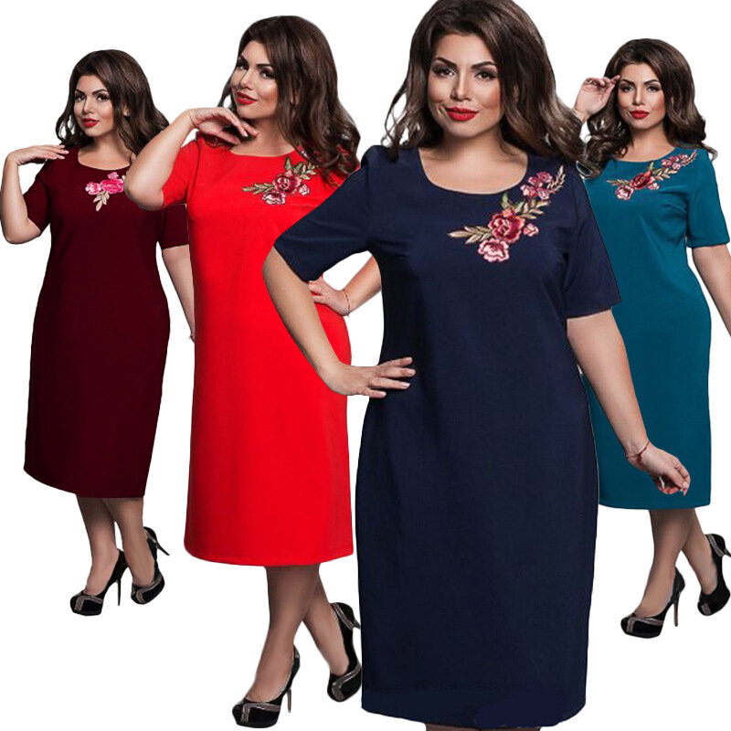 Elegante Stickerei Kleider 6XL Elegante Frauen Frühling Sommer Party Kleid Plus Größe Midi Gerade Kleid Plus Größe Dünnes Kleid Rot