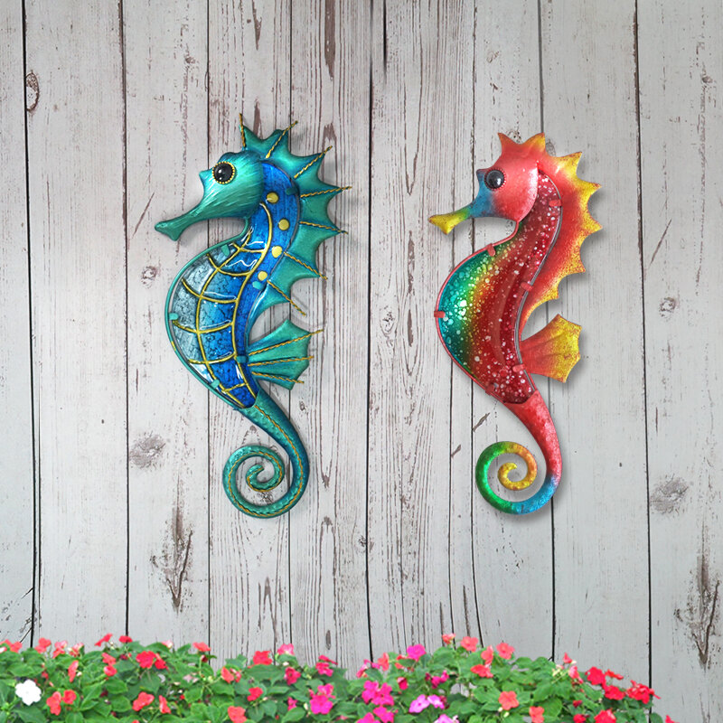 Ściana ogrodu Art Metal konik morski dekoracja ze szkłem do domu Outdoor animals Jardin miniaturowe rzeźby i rzeźby zestaw 2 sztuk