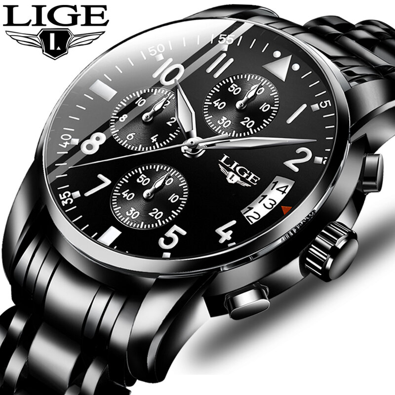 2019 мужские часы Лидирующий бренд Модные хронограф LIGE черные кварцевые часы из нержавеющей стали автоматические с датой часы Relogio Masculino