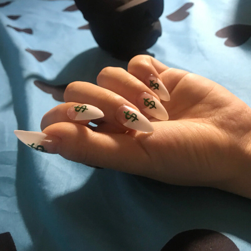 24 Teile/satz Dollar Zeichen Gefälschte Nägel Abnehmbaren Weiß Sharp Falsche Nagel Dekoration Nagel Kunst Werkzeuge Drücken Sie Auf Gefälschte Nägel Mit kleber