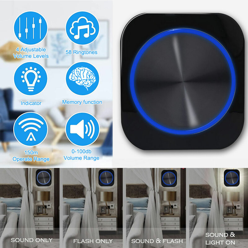 Wireless doorbell waterproof self-powered doorbell night light 4 mode 58 music smart doorbell without battery EU plug smart home