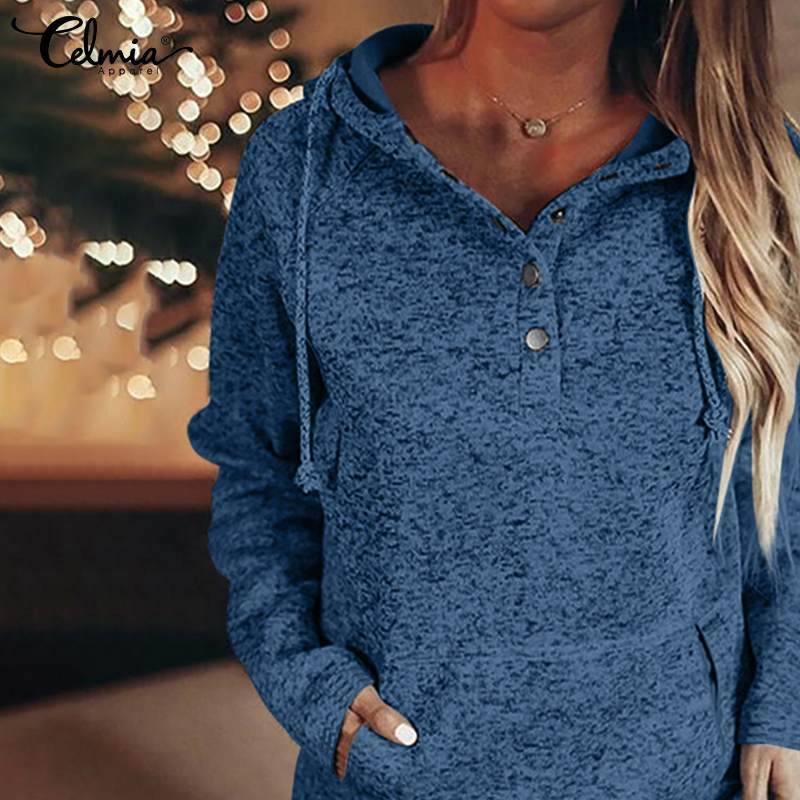 Celmia 2021 moda impresso hoodies outono inverno manga longa topos casual bolso solto botões hoodies com cordão camisolas