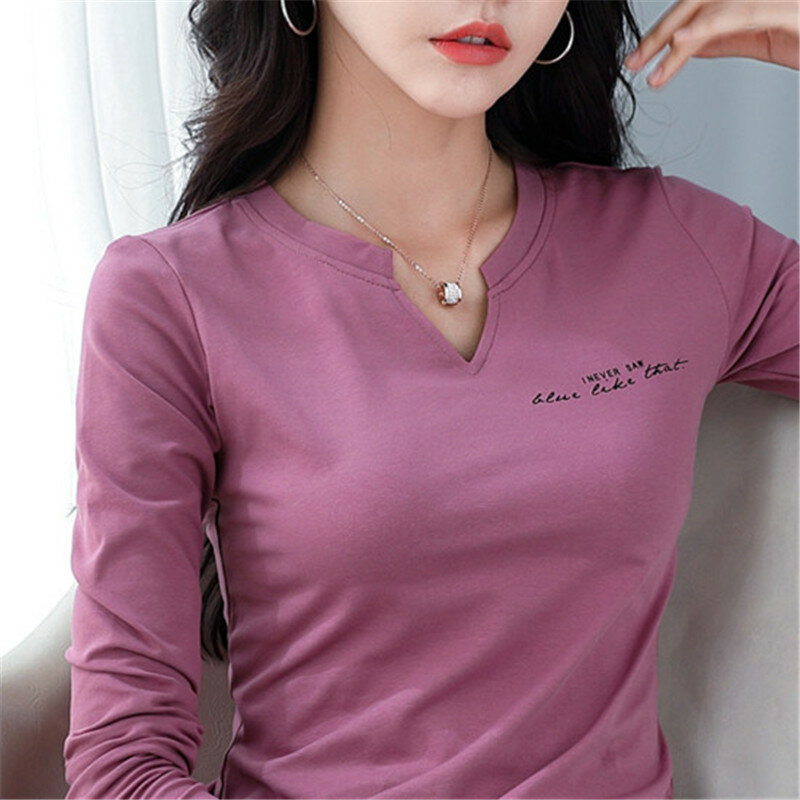Camiseta de algodón para mujer, ropa informal con cuello en V, ajustada, elástica, de manga larga, 2021