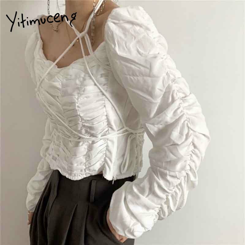 Yitimuceng ruched blusa feminina bandagem ombro nu camisas manga sopro unicolor branco roupas 2021 verão coreano moda topos