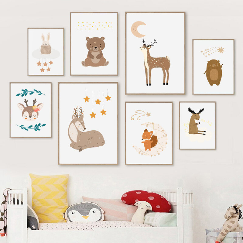 Peinture sur toile avec animaux, cerf, mouton, renard, ours, décoration murale pour chambre d'enfant, affiches et imprimés nordiques