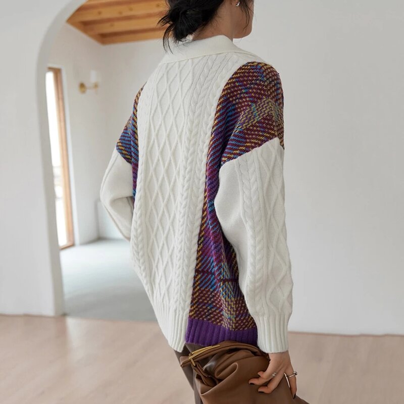 Autunno inverno donna maglione scozzese oversize moda colletto rovesciato Patchwork spessa calda maglia Pullover Casual femminile C-213