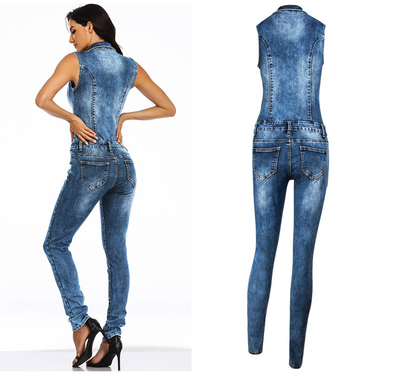 Женский Облегающий комбинезон без рукавов, длинные джинсовые брюки с глубоким V-образным вырезом, модель K01, 2019