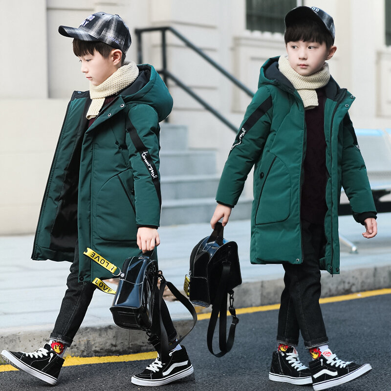 Chaqueta de invierno para niños, abrigo largo de algodón con capucha, chaquetas cálidas, ropa de 3 a 14 años