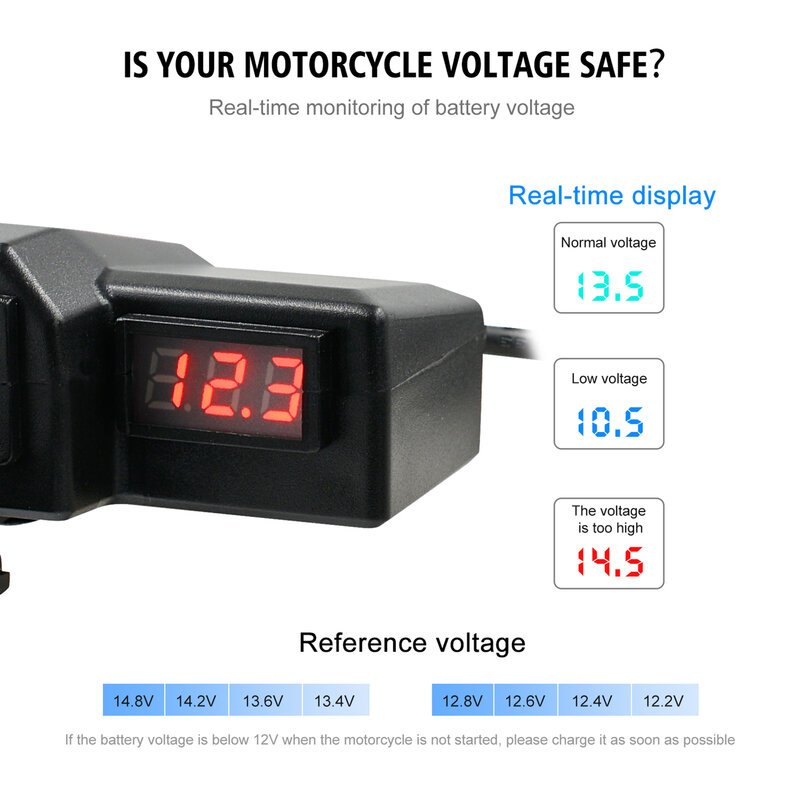Motorcycle Multifunctional Dual USB Mobile Phone Charger Adapter with Voltmeter Silicone ABS Plastic Motorcycle Charging