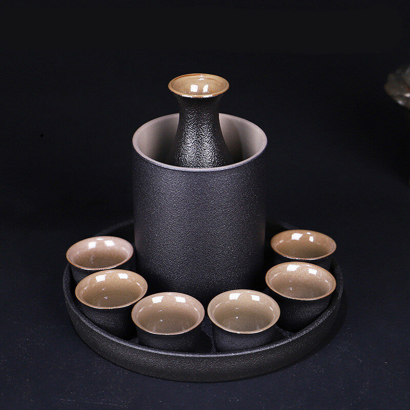 Japanischen Stil Keramik Sake Topf Tasse Set Schwarz Keramik Schnaps flasche Wein Flasche Tassen Tablett 9 teile/satz