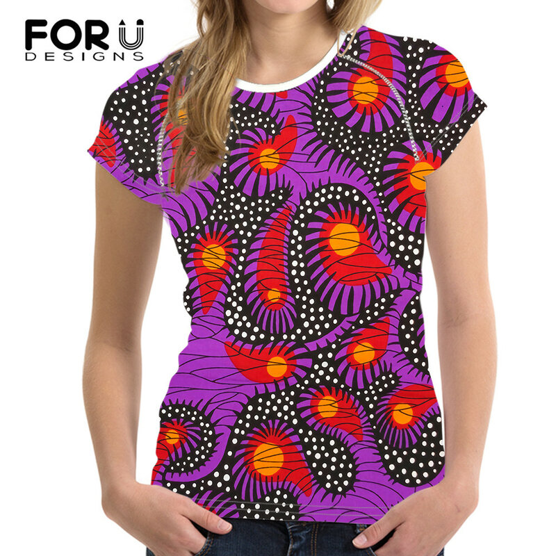 FORUDESIGNS de moda de verano de las mujeres camisa de Afro Ankara diseño Tops flojos informales femeninos Mujer Camisetas Manga Corta