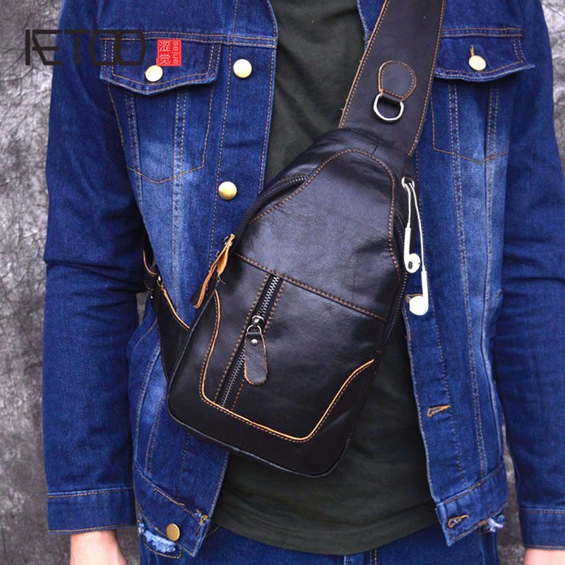 AETOO – sac à bandoulière en cuir véritable pour homme, sacoche de poitrine avec ceinture
