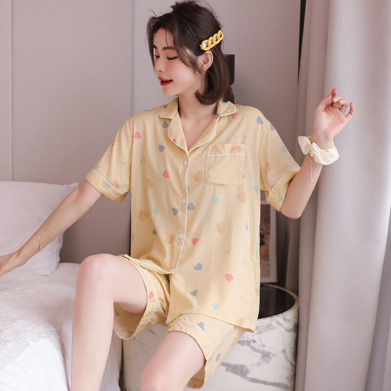 Pijamas de popelina de manga corta para mujer, ropa de verano de seda de algodón, estilo japonés, chica regordeta