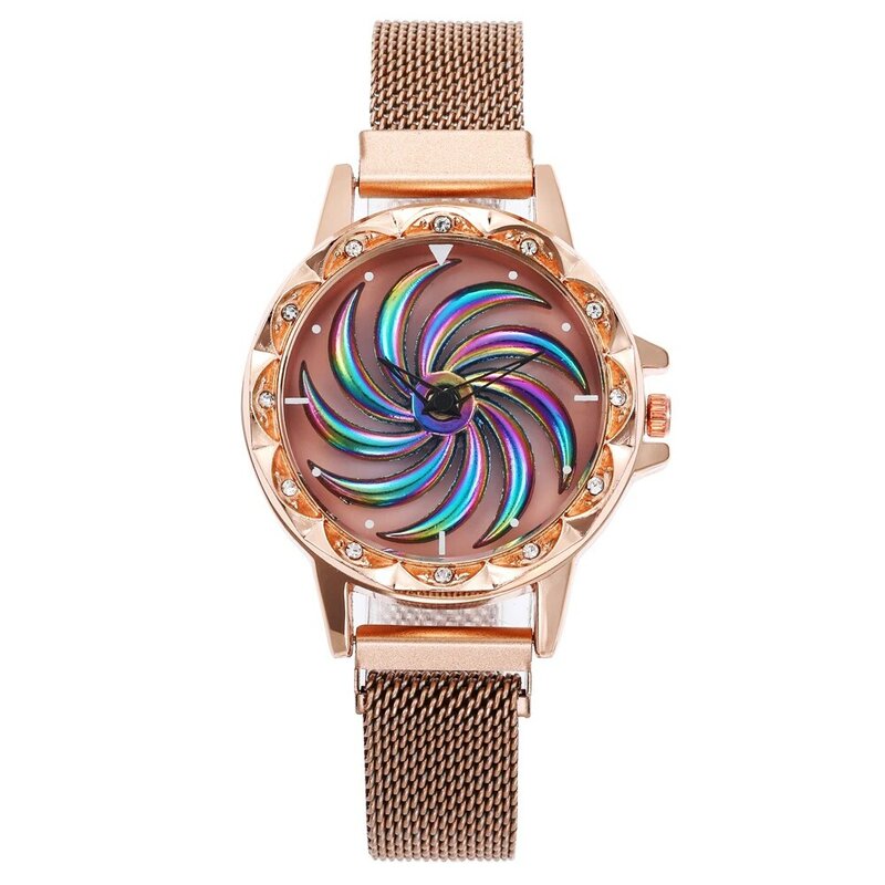 360 stopni obrót kobiety Mesh klamra magnetyczna wiatrak zegarek luksusowe panie mody złote zegarki kwarcowe zegarek Relogio Feminino