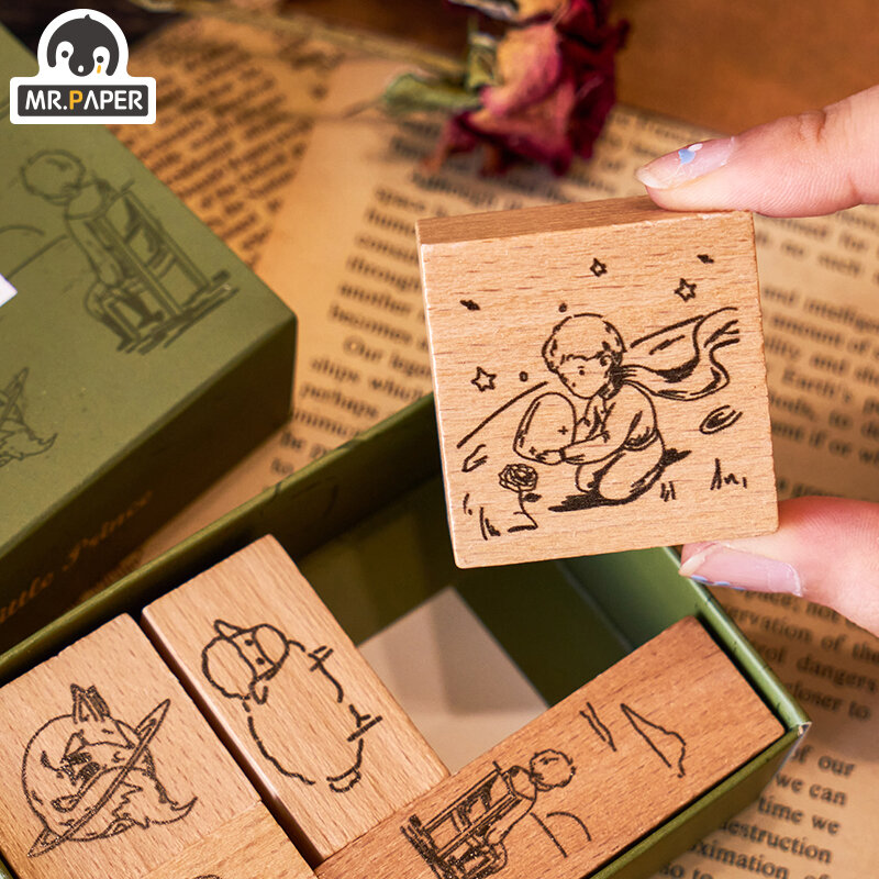 Mr Paper – Série de timbre en bois en 4 design pour signature, aux motifs de petit prince, d'animal, de bénédiction, carillon, éolien, de feuilles d'herbe et Zhuang Zhou Mengdie