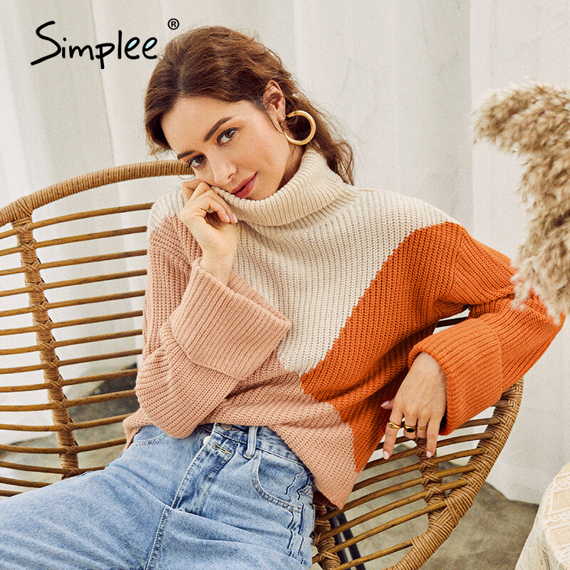 Simplee turtle winter 2020 pullover woman sweater harajuku patchwork sweaters women knitted high fashion female loose jumper