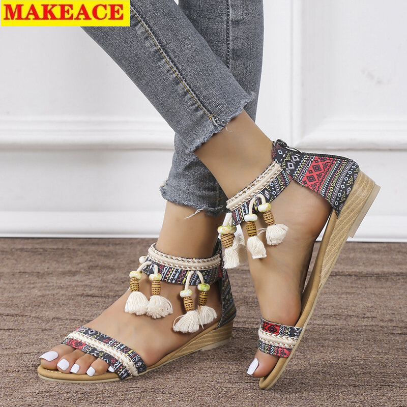 Sandálias femininas moda estilo étnico sapatos romanos novo saco de salto borla peep-toe cunhas plataforma casual ao ar livre sapatos femininos