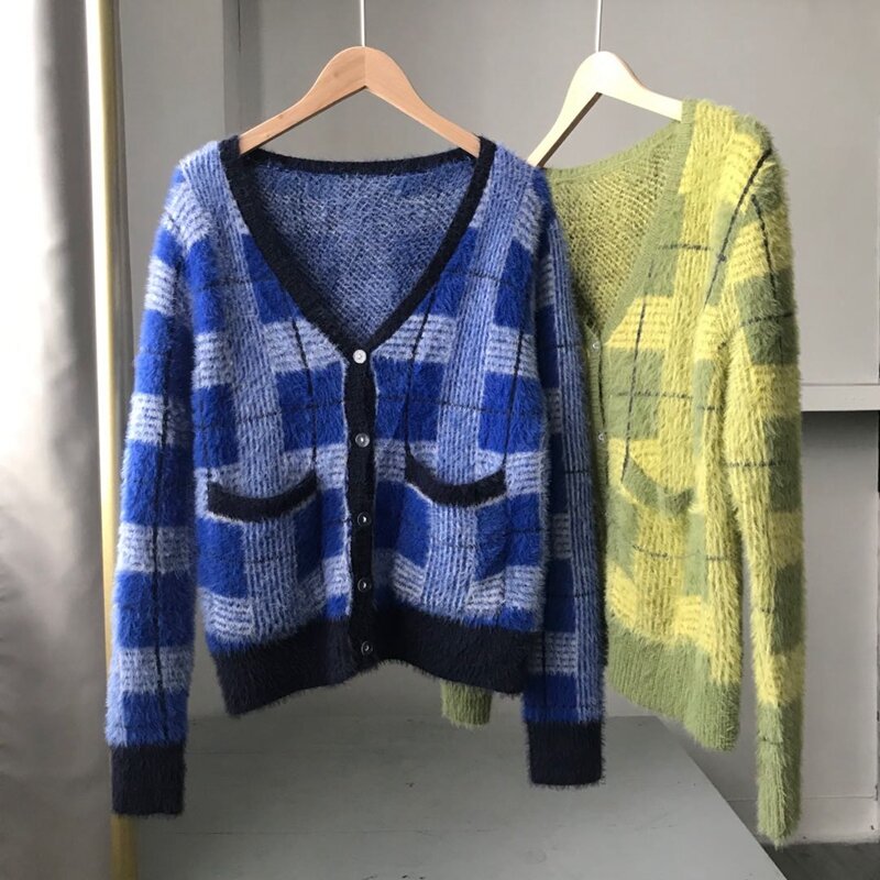 Pull Mohair Vintage tricoté pour femme, Cardigan Harajuku, Style paresseux, col en v, bouton, Plaid duveteux, haut en tricot