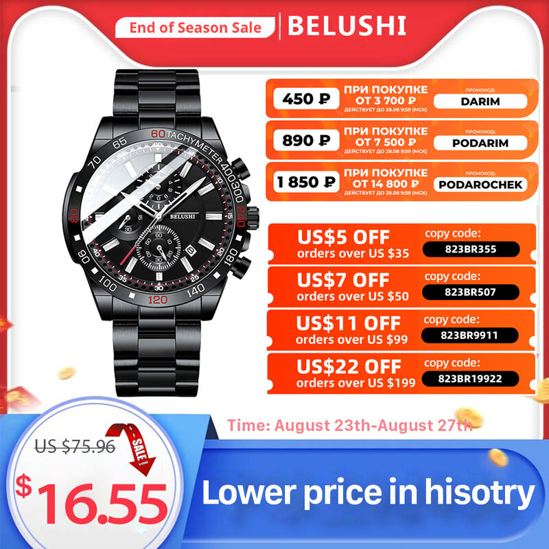 Belushi – grande montre noire à Quartz pour hommes, étanche, en acier inoxydable