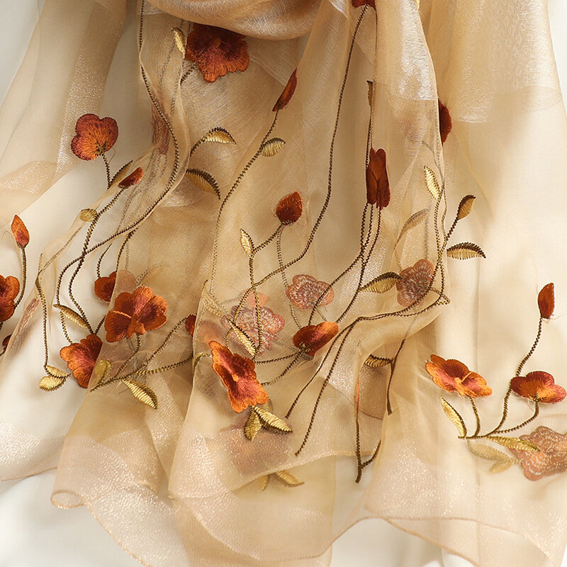 Luxury Brand Silk Scarf for Women Embroidery Wool Floral Shawl Wrap Hijab Foulard Female Muslim Bandana Pashmina Headband 2022