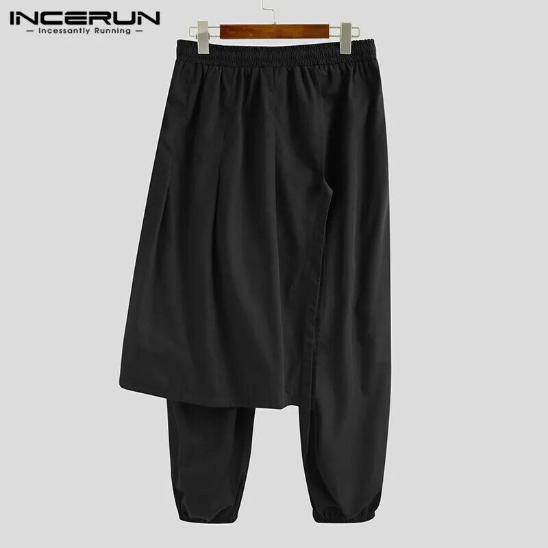 INCERUN-pantalones bombachos para hombre, ropa de calle de Color sólido con cordón, estilo Punk, Irregular, para ocio, 2023