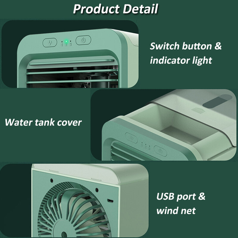 Mini aire acondicionado portátil USB, humidificador de escritorio con tanque de agua, ventilador de refrigeración para el hogar, 3 velocidades, 5V
