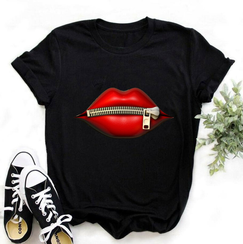 Camiseta feminina plus size, camiseta estilo harajuku, gráfico, para o verão, camisa com lábios e mouse