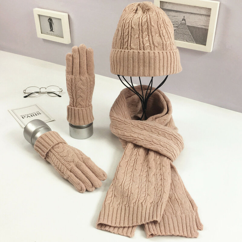 Woolen feminino tricô outono e inverno moda três peças terno clássico torção chapéu quente cachecol luva conjunto lã malha