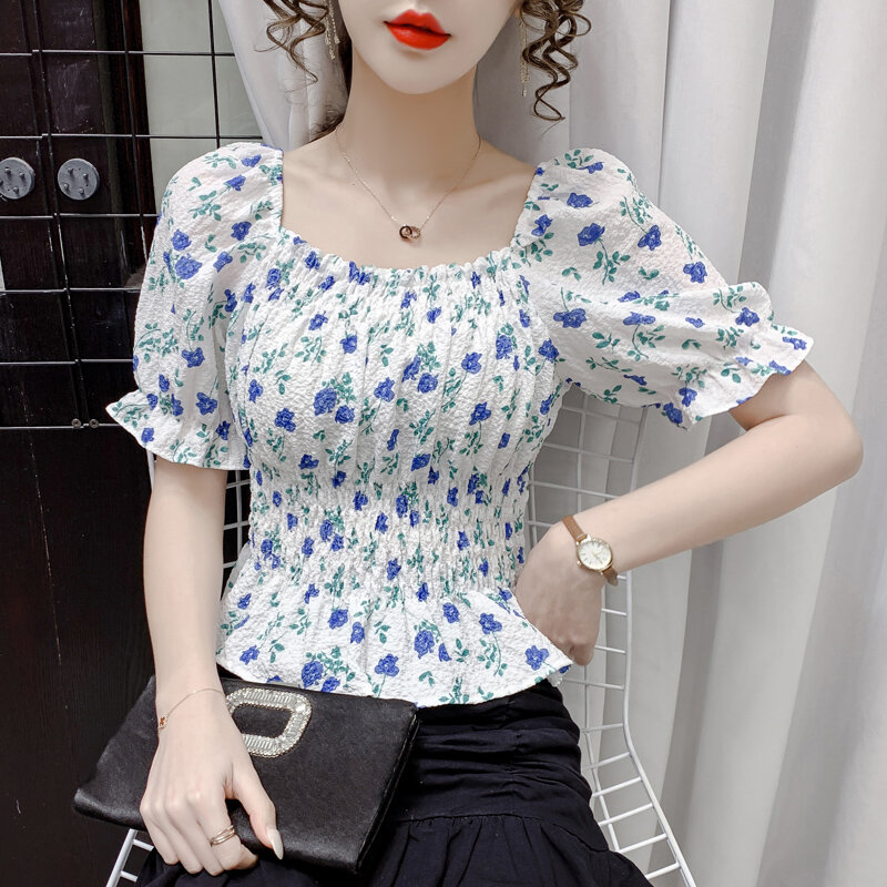 Uma palavra gola quadrada floral impressão chiffon camisa feminina verão 2021 nova cintura elástica blusas de manga curta camisas blusa 224h