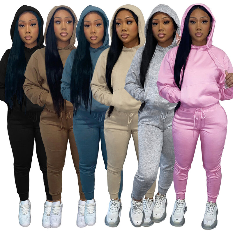 New arrival thick fleece long sleeves sweatpants and hoodie jogger set two piece set women clothing