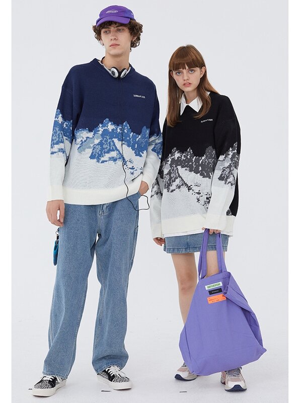 Snow Mountain ถักเสื้อกันหนาวจัมเปอร์ Streetwears Mens Hip Hop Harajuku Pullover เสื้อถัก Tops แฟชั่น Unisex ถักหลวม Outwear