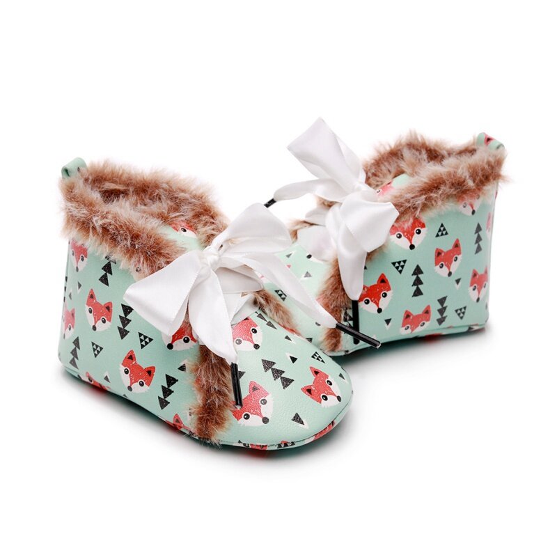 Musim Dingin Hangat Bayi Gadis PU Kulit Cetak Sepatu Renda Bulu Lembut Sepatu Prewalker Berjalan Balita Bayi Anak-anak Sepatu sepatu Bot Musim Dingin