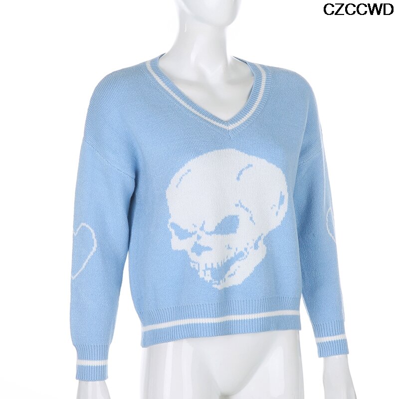 Y2k เสื้อกันหนาว Skulls Pullovers V คอเสื้อหลวมๆถักเสื้อผู้หญิง Streetwear Retro Tops Blue 2021แฟชั่นฤดูใบไม้ร่วง