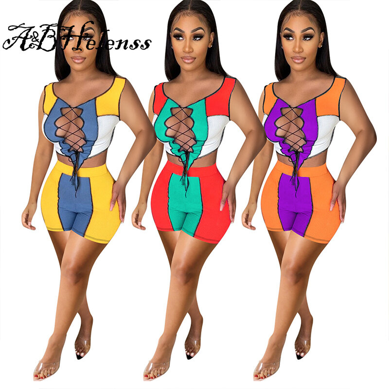 A & bhelenssニット2点セット包帯クロップトップパッチワークショーツ女性のセクシーな夏クラブ衣装ナイトパーティーマッチングセット
