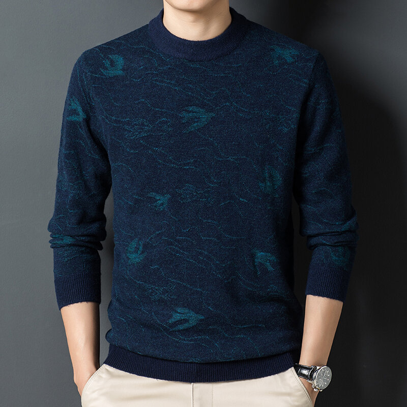 Suéter jacquard de lana pura para hombre, jersey con contraste de negocios, a la moda, 100%, Otoño e Invierno