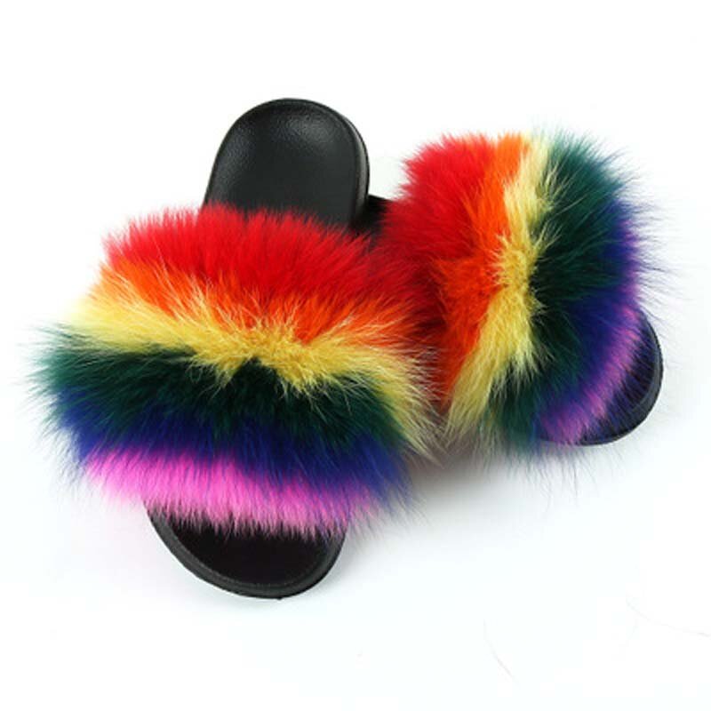 Sandales en fourrure de renard véritable pour femmes, chaussures d'intérieur pelucheuses avec fourrure, tongs taille 36-45