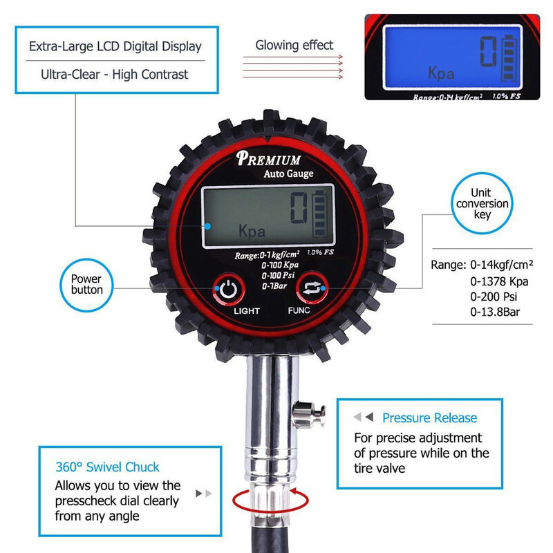 Medidor de pressão de ar para pneus 100psi, digital, lcd, medidor de pressão de ar automotivo, para carro, caminhão, motocicleta, barômetro, testador de pressão de ar