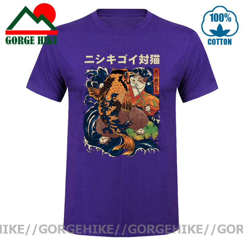 Camiseta Vintage The Cat And The Koi para hombre, ropa de calle de algodón puro de manga corta, camiseta estampada, camisetas de Samurai japonés