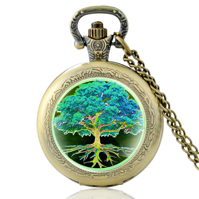Relógio de bolso árvore da vida, relógio vintage de quartzo, retrô de bronze, para homens e mulheres, colar com pingente, joias, presentes