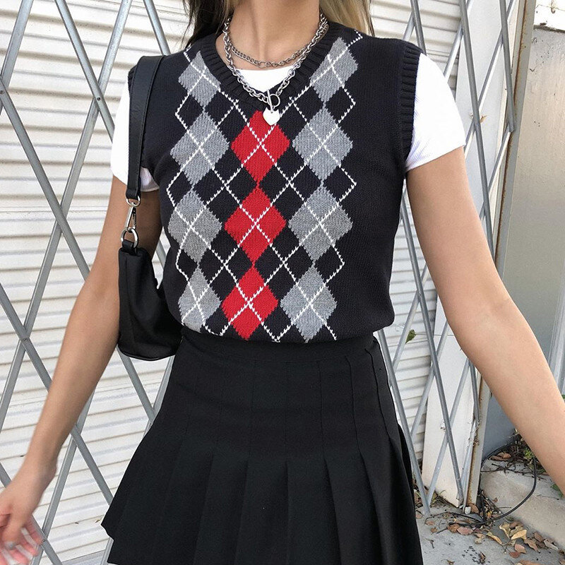 Iamsure outono moda argyle xadrez camisola colete para mulher estilo preppy decote em v estético tops kpop roupas casuais 90s colete doce