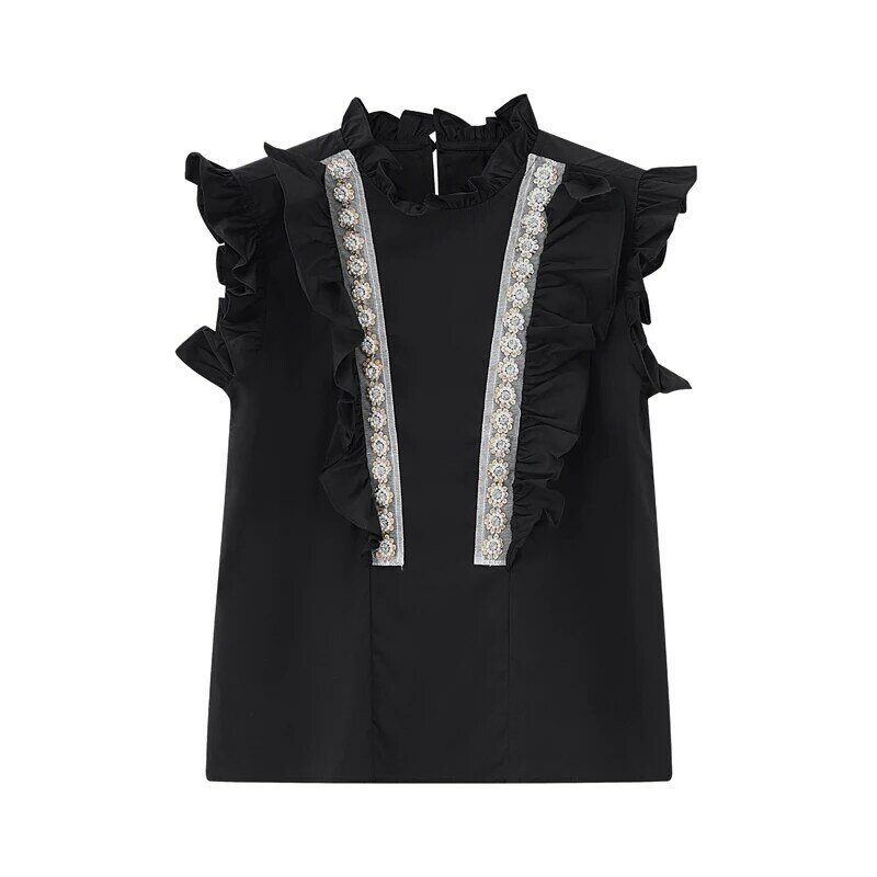 Ruffled Collar Black Shirt 여성용 비즈 라인 스톤 민소매 블라우스 2021 봄 여름 슬림 피트 숏 탑 Femme