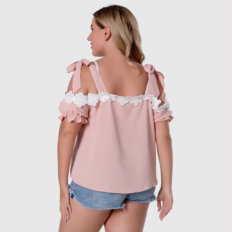 Koronki ramiona bluzka z otwórz Off ramiona pół rękaw kwiatowy szyi kobiet kobiet bluzki nowy bluzka w rozmiarze Plus Size lato różowy czarny
