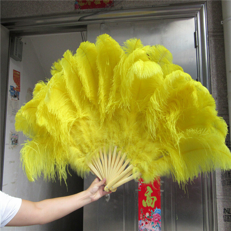 Abanico de plumas de avestruz amarillo grande de 12 huesos, adorno de fiesta de Halloween, decoración, plumas amarillas de mano, para manualidades