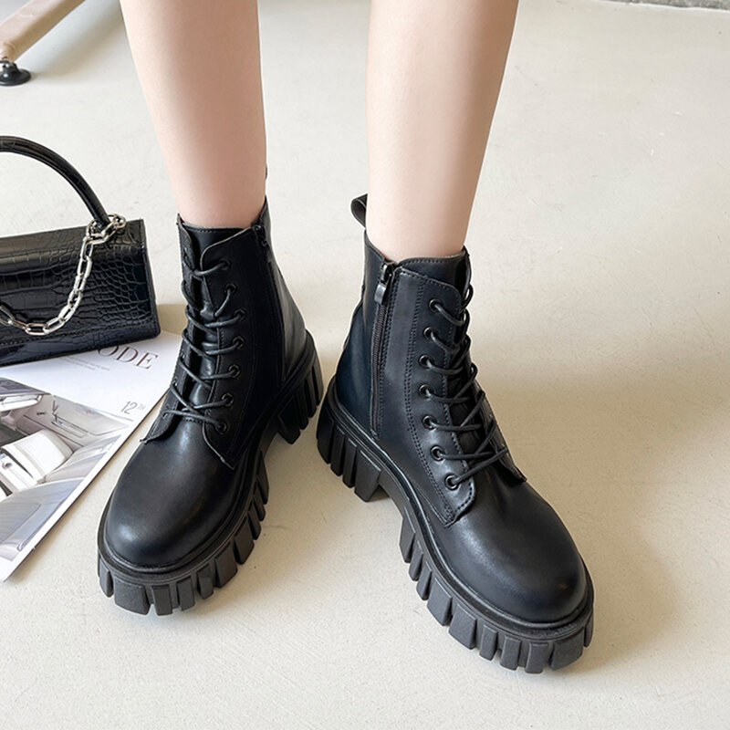 2021 zima jesień kobiety botki czarna beżowa skóra moda motocykl wysoka podeszwa Gothic Punk buty kobiece buty wojskowe