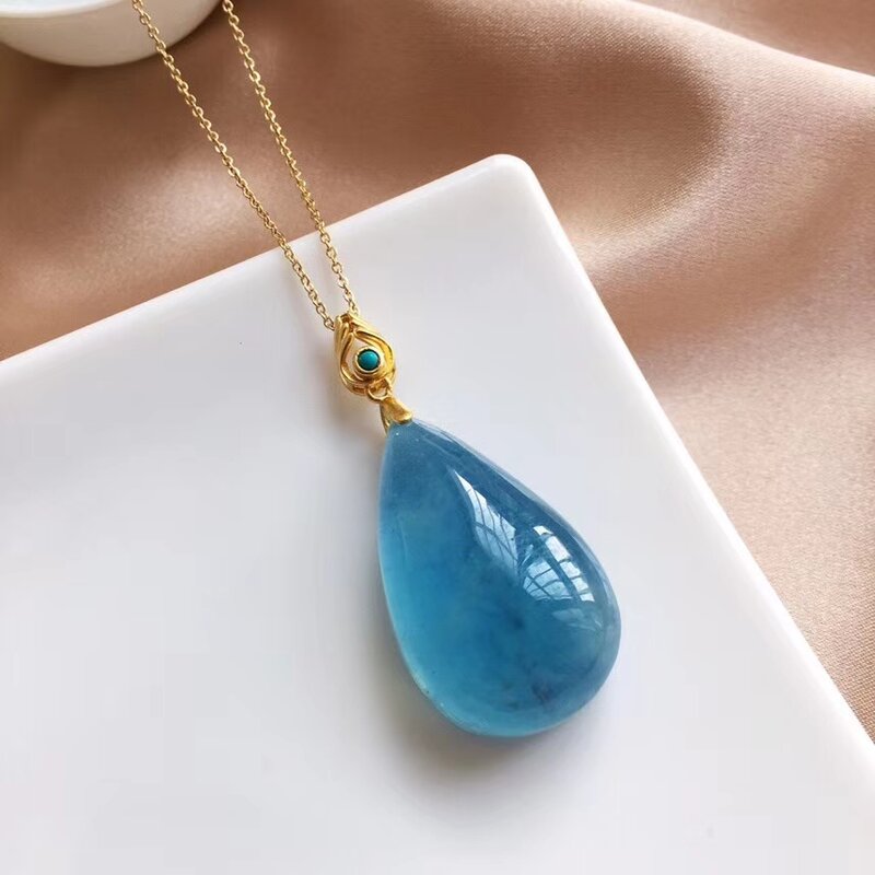 Colgante de gota de agua de Aguamarina azul Natural para hombre y mujer, collar de piedra de moda de Brasil, 34x21mm, AAAAA