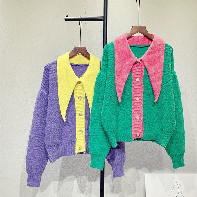 Saythen Long Sleeve Contrast Color Patchwork Knit Cardigan Sweater Women's V-neck Lapel Casual Button Jacket 2020 Autumn Winter