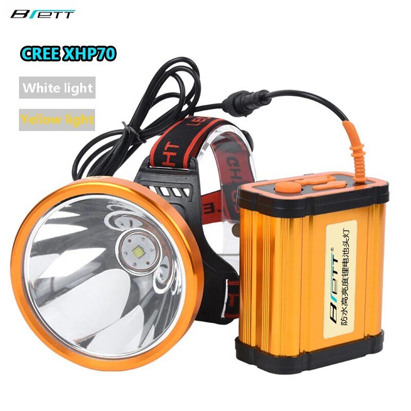Cree xhp70-黄色と白のライト付きヘッドランプ,内蔵8リチウム電池パック,屋外の懐中電灯