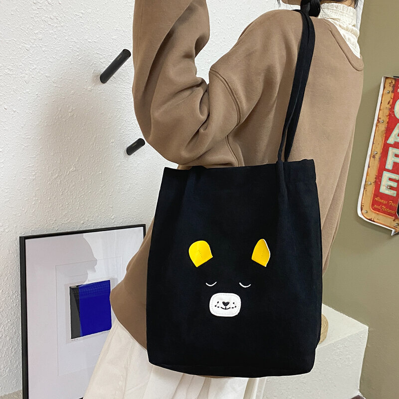 Bolsa casual feminina, bolsa de mão com estampa de urso, em veludo, cor sólida, sacola de ombro simples e de grande capacidade para compras