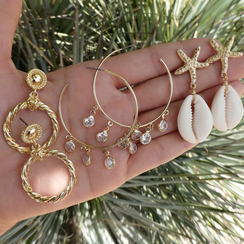 Tocona — Boucles d'oreilles en forme de coquillages de plage, couleur dorée, motif étoile de mer, cœur, goutte d'eau, perles, bijoux de style bohème